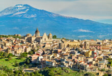 View of Militello in Val di Catania with Mount Etna in the background - Sicily, Italy