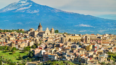 View of Militello in Val di Catania with Mount Etna in the background - Sicily, Italy